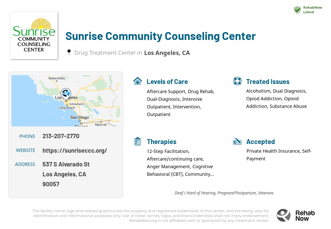 Helpful reference information for Sunrise Community Counseling Center, a drug treatment center in California located at: 537 S Alvarado St, Los Angeles, CA 90057, including phone numbers, official website, and more. Listed briefly is an overview of Levels of Care, Therapies Offered, Issues Treated, and accepted forms of Payment Methods.