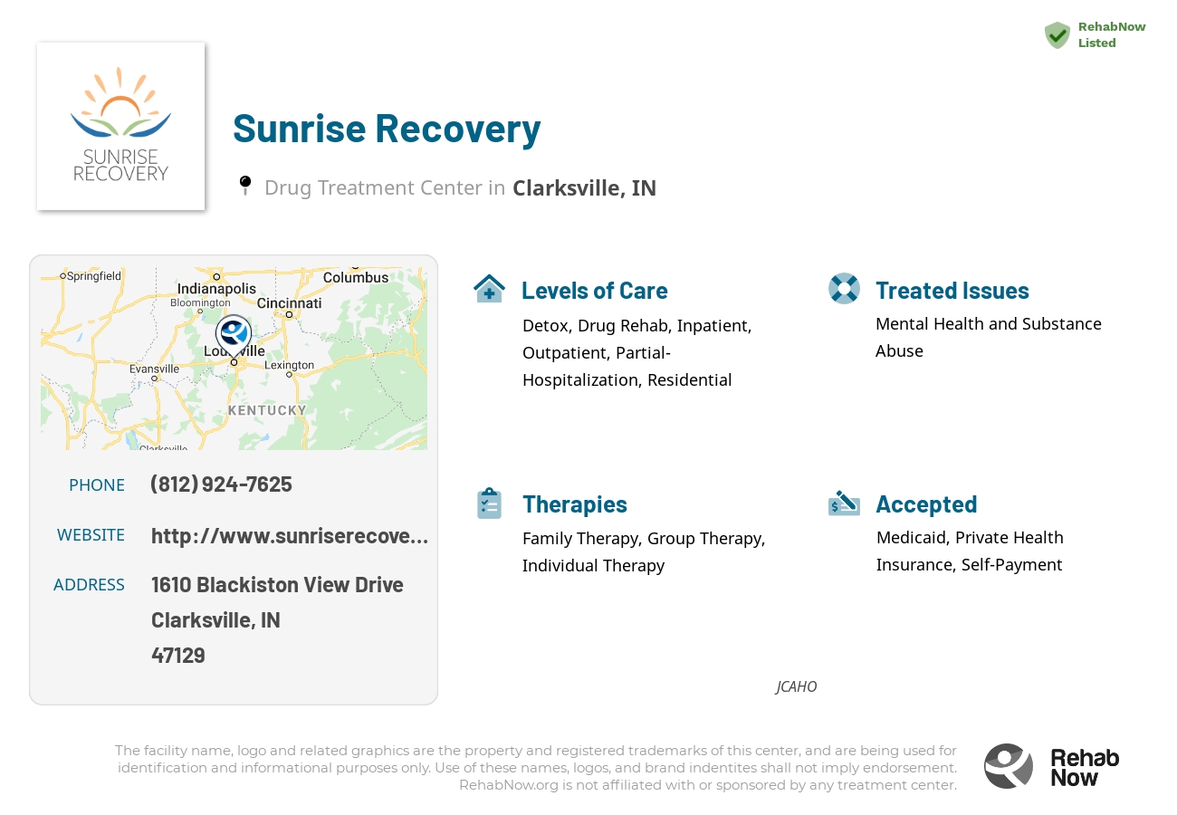 Helpful reference information for Sunrise Recovery, a drug treatment center in Indiana located at: 1610 Blackiston View Drive, Clarksville, IN, 47129, including phone numbers, official website, and more. Listed briefly is an overview of Levels of Care, Therapies Offered, Issues Treated, and accepted forms of Payment Methods.