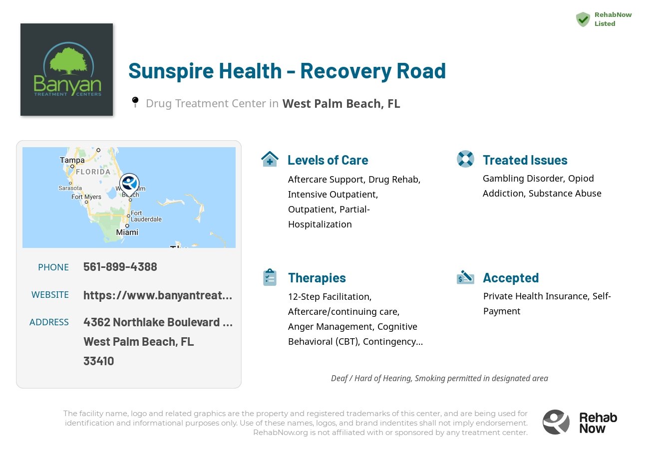 Helpful reference information for Sunspire Health - Recovery Road, a drug treatment center in Florida located at: 4362 Northlake Boulevard Suite 109, West Palm Beach, FL 33410, including phone numbers, official website, and more. Listed briefly is an overview of Levels of Care, Therapies Offered, Issues Treated, and accepted forms of Payment Methods.