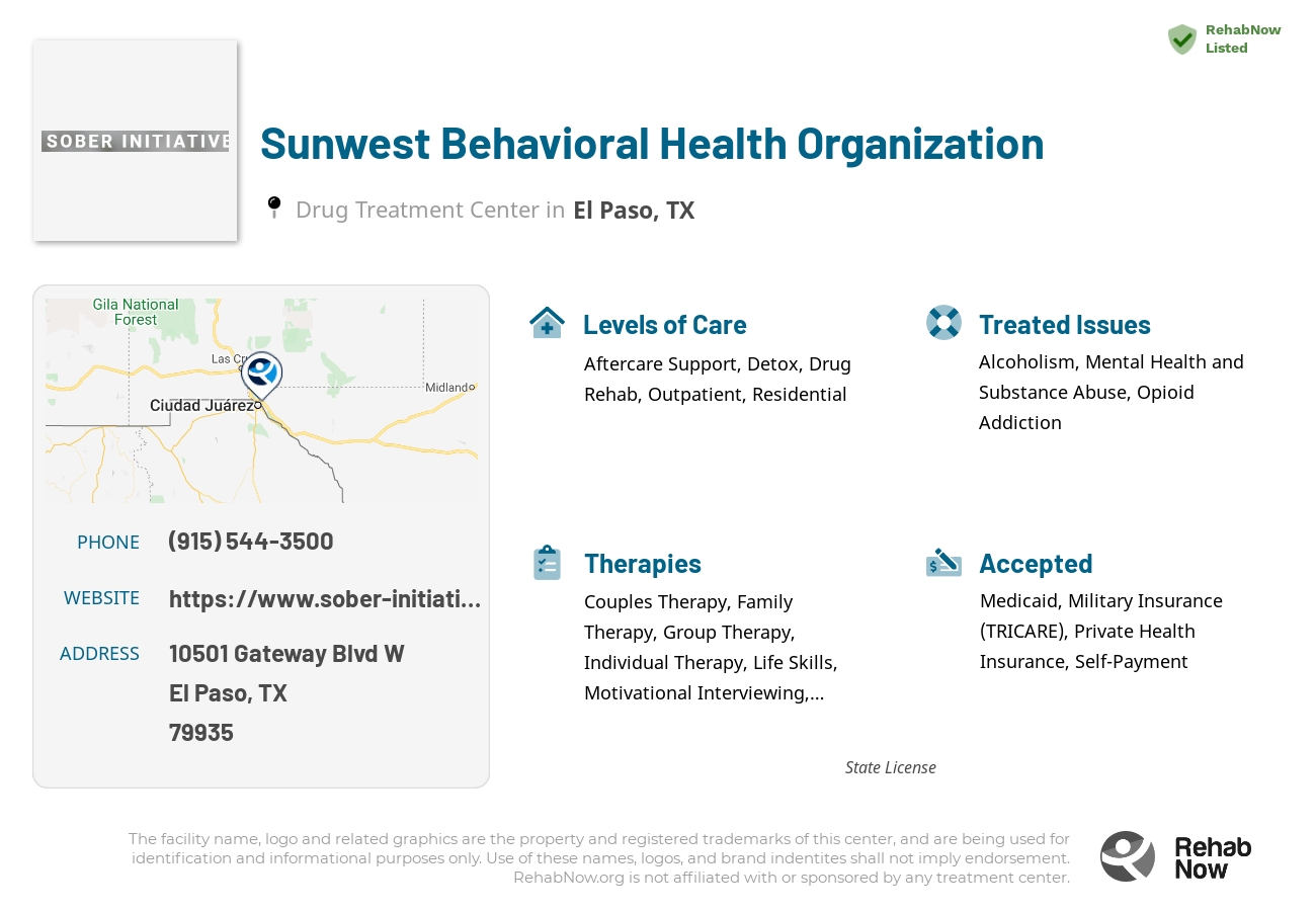 Helpful reference information for Sunwest Behavioral Health Organization, a drug treatment center in Texas located at: 10501 Gateway Blvd W, El Paso, TX 79935, including phone numbers, official website, and more. Listed briefly is an overview of Levels of Care, Therapies Offered, Issues Treated, and accepted forms of Payment Methods.