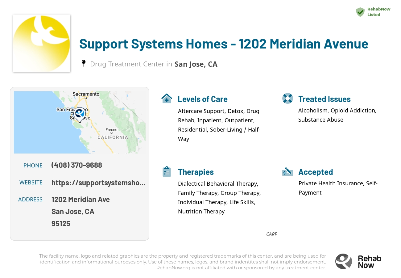 Helpful reference information for Support Systems Homes - 1202 Meridian Avenue, a drug treatment center in California located at: 1202 Meridian Ave, San Jose, CA 95125, including phone numbers, official website, and more. Listed briefly is an overview of Levels of Care, Therapies Offered, Issues Treated, and accepted forms of Payment Methods.