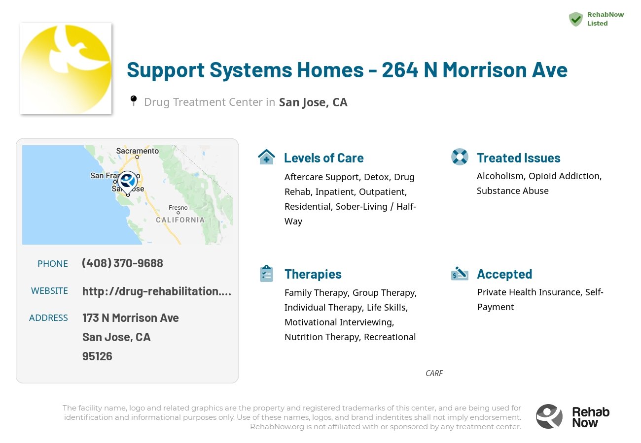 Helpful reference information for Support Systems Homes - 264 N Morrison Ave, a drug treatment center in California located at: 173 N Morrison Ave, San Jose, CA 95126, including phone numbers, official website, and more. Listed briefly is an overview of Levels of Care, Therapies Offered, Issues Treated, and accepted forms of Payment Methods.