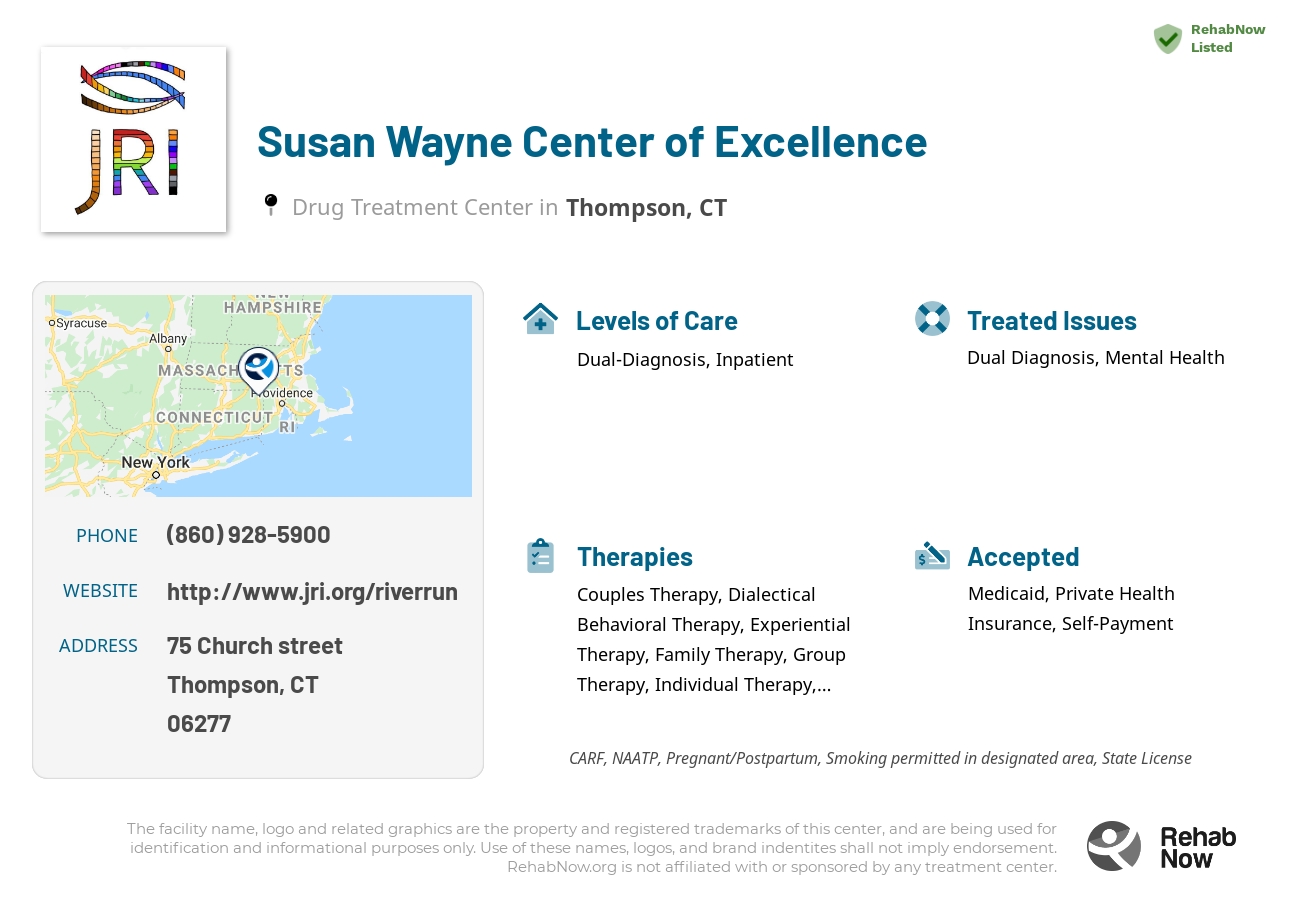 Helpful reference information for Susan Wayne Center of Excellence, a drug treatment center in Connecticut located at: 75 Church street, Thompson, CT, 06277, including phone numbers, official website, and more. Listed briefly is an overview of Levels of Care, Therapies Offered, Issues Treated, and accepted forms of Payment Methods.