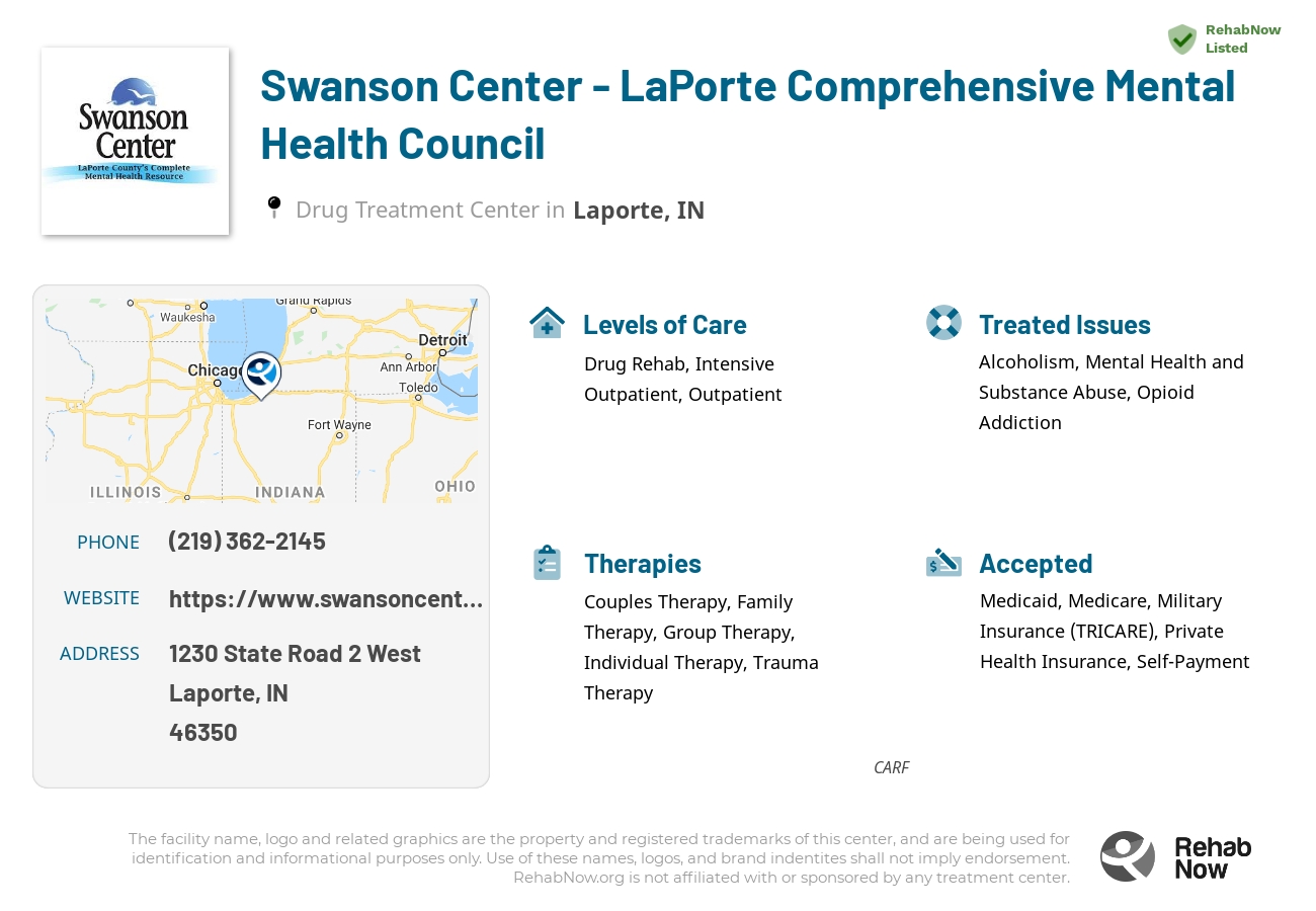 Helpful reference information for Swanson Center - LaPorte Comprehensive Mental Health Council, a drug treatment center in Indiana located at: 1230 State Road 2 West, Laporte, IN, 46350, including phone numbers, official website, and more. Listed briefly is an overview of Levels of Care, Therapies Offered, Issues Treated, and accepted forms of Payment Methods.