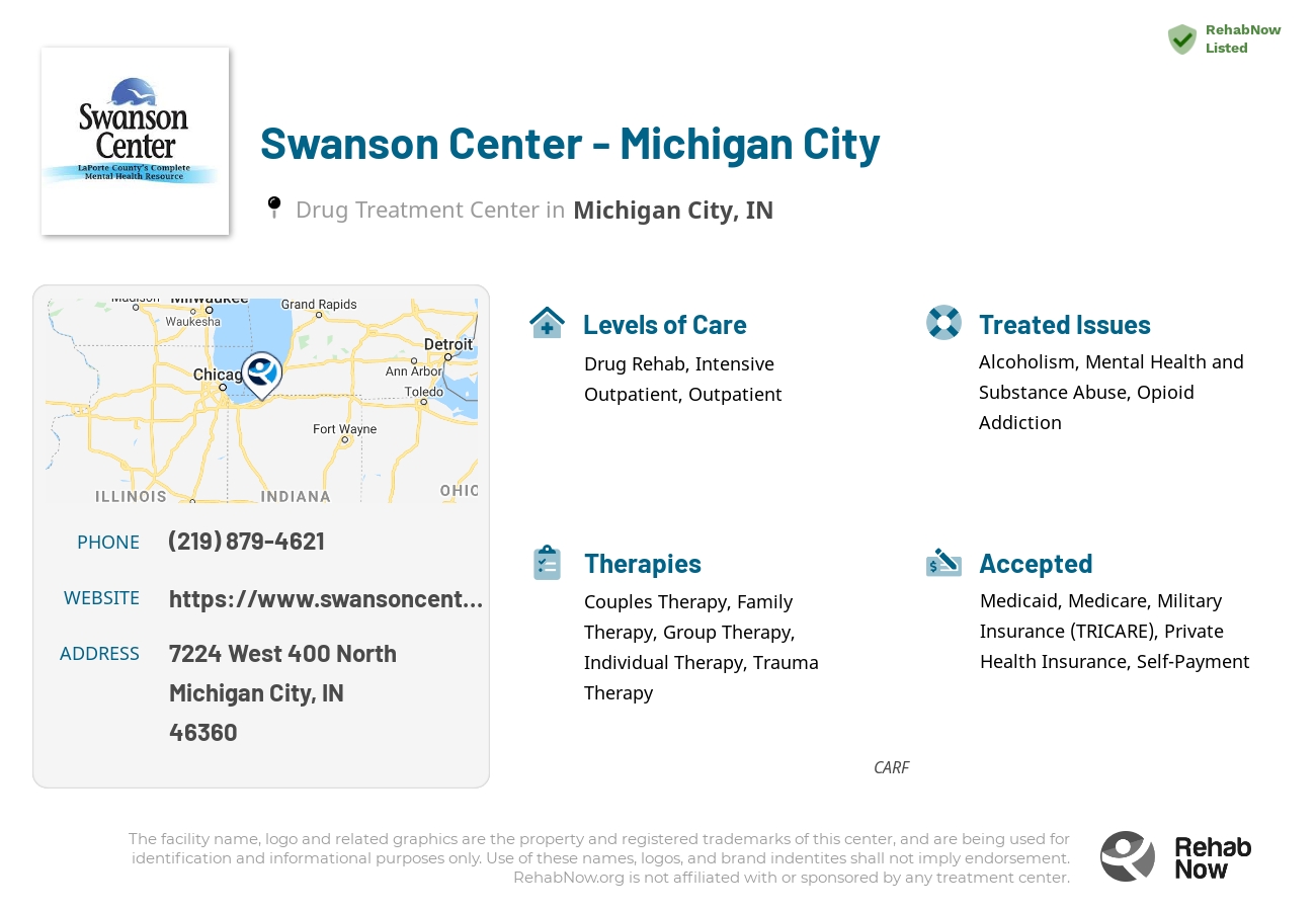 Helpful reference information for Swanson Center - Michigan City, a drug treatment center in Indiana located at: 7224 West 400 North, Michigan City, IN, 46360, including phone numbers, official website, and more. Listed briefly is an overview of Levels of Care, Therapies Offered, Issues Treated, and accepted forms of Payment Methods.