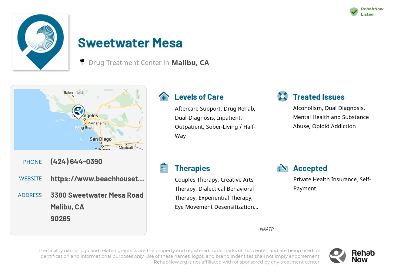 Helpful reference information for Sweetwater Mesa, a drug treatment center in California located at: 3380 Sweetwater Mesa Road, Malibu, CA, 90265, including phone numbers, official website, and more. Listed briefly is an overview of Levels of Care, Therapies Offered, Issues Treated, and accepted forms of Payment Methods.