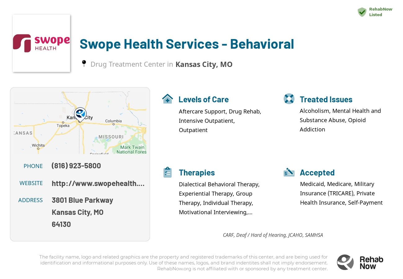 Helpful reference information for Swope Health Services - Behavioral, a drug treatment center in Missouri located at: 3801 Blue Parkway, Kansas City, MO, 64130, including phone numbers, official website, and more. Listed briefly is an overview of Levels of Care, Therapies Offered, Issues Treated, and accepted forms of Payment Methods.