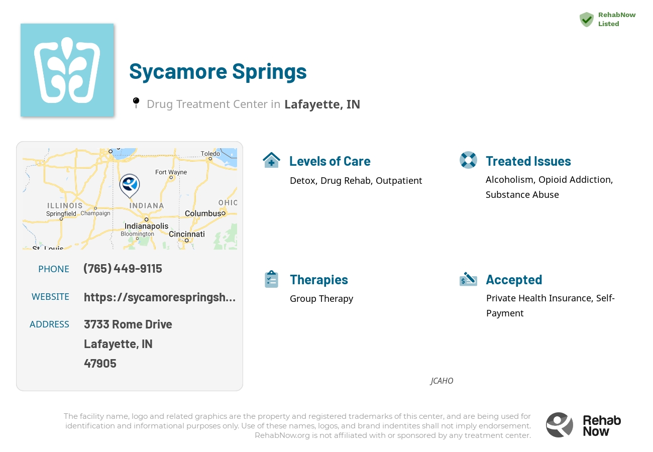 Helpful reference information for Sycamore Springs, a drug treatment center in Indiana located at: 3733 3733 Rome Drive, Lafayette, IN 47905, including phone numbers, official website, and more. Listed briefly is an overview of Levels of Care, Therapies Offered, Issues Treated, and accepted forms of Payment Methods.