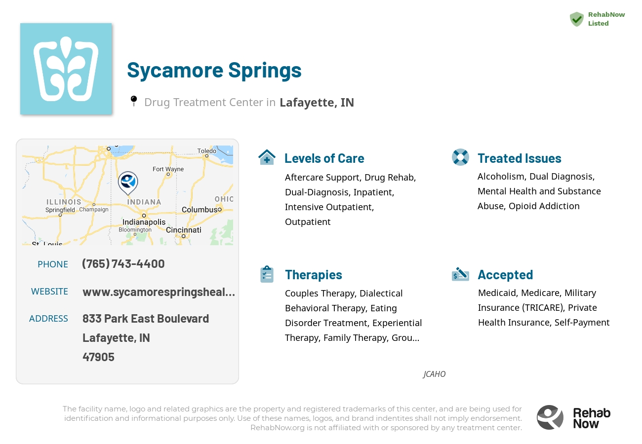 Helpful reference information for Sycamore Springs, a drug treatment center in Indiana located at: 833 Park East Boulevard, Lafayette, IN, 47905, including phone numbers, official website, and more. Listed briefly is an overview of Levels of Care, Therapies Offered, Issues Treated, and accepted forms of Payment Methods.