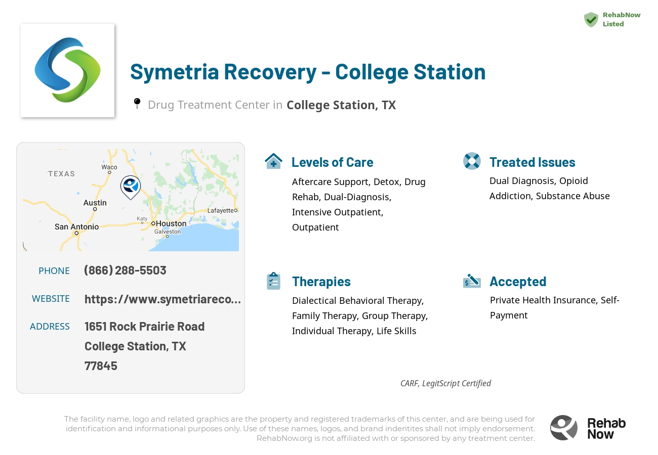 Helpful reference information for Symetria Recovery - College Station, a drug treatment center in Texas located at: 1651 Rock Prairie Road, Suite 101,, College Station, TX, 77845, including phone numbers, official website, and more. Listed briefly is an overview of Levels of Care, Therapies Offered, Issues Treated, and accepted forms of Payment Methods.