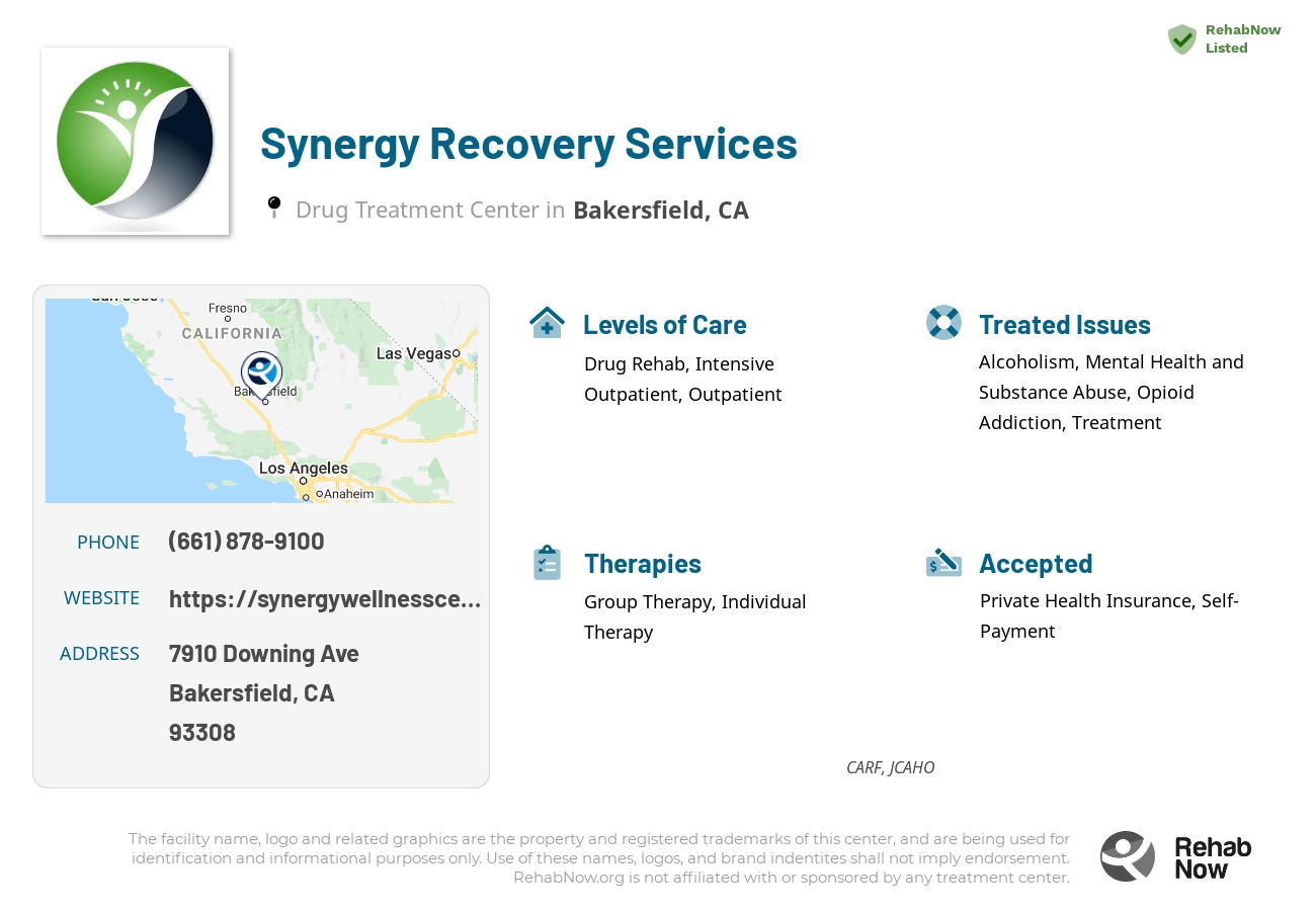 Helpful reference information for Synergy Recovery Services, a drug treatment center in California located at: 7910 Downing Ave, Bakersfield, CA 93308, including phone numbers, official website, and more. Listed briefly is an overview of Levels of Care, Therapies Offered, Issues Treated, and accepted forms of Payment Methods.