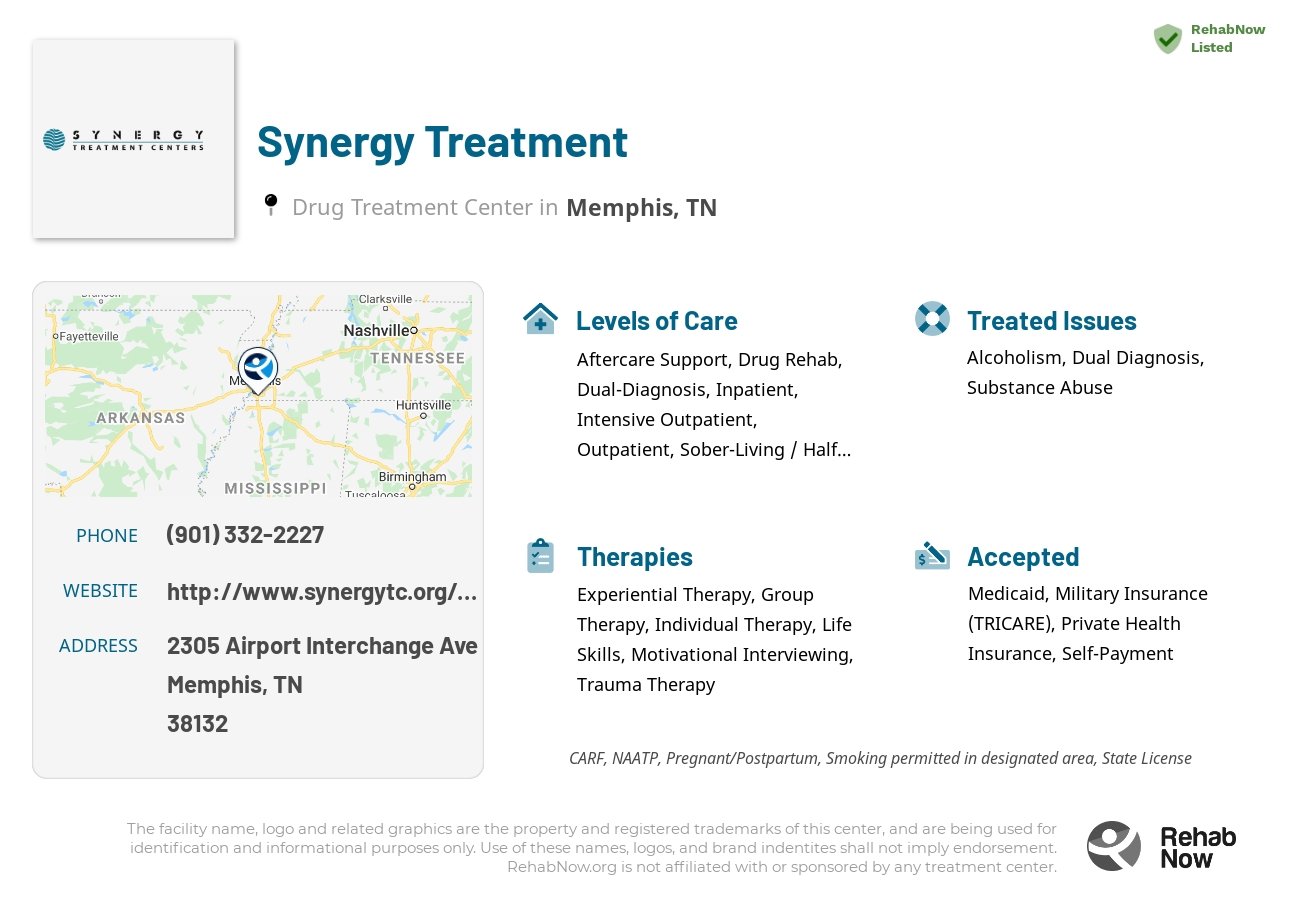 Helpful reference information for Synergy Treatment, a drug treatment center in Tennessee located at: 2305 Airport Interchange Ave, Memphis, TN 38132, including phone numbers, official website, and more. Listed briefly is an overview of Levels of Care, Therapies Offered, Issues Treated, and accepted forms of Payment Methods.