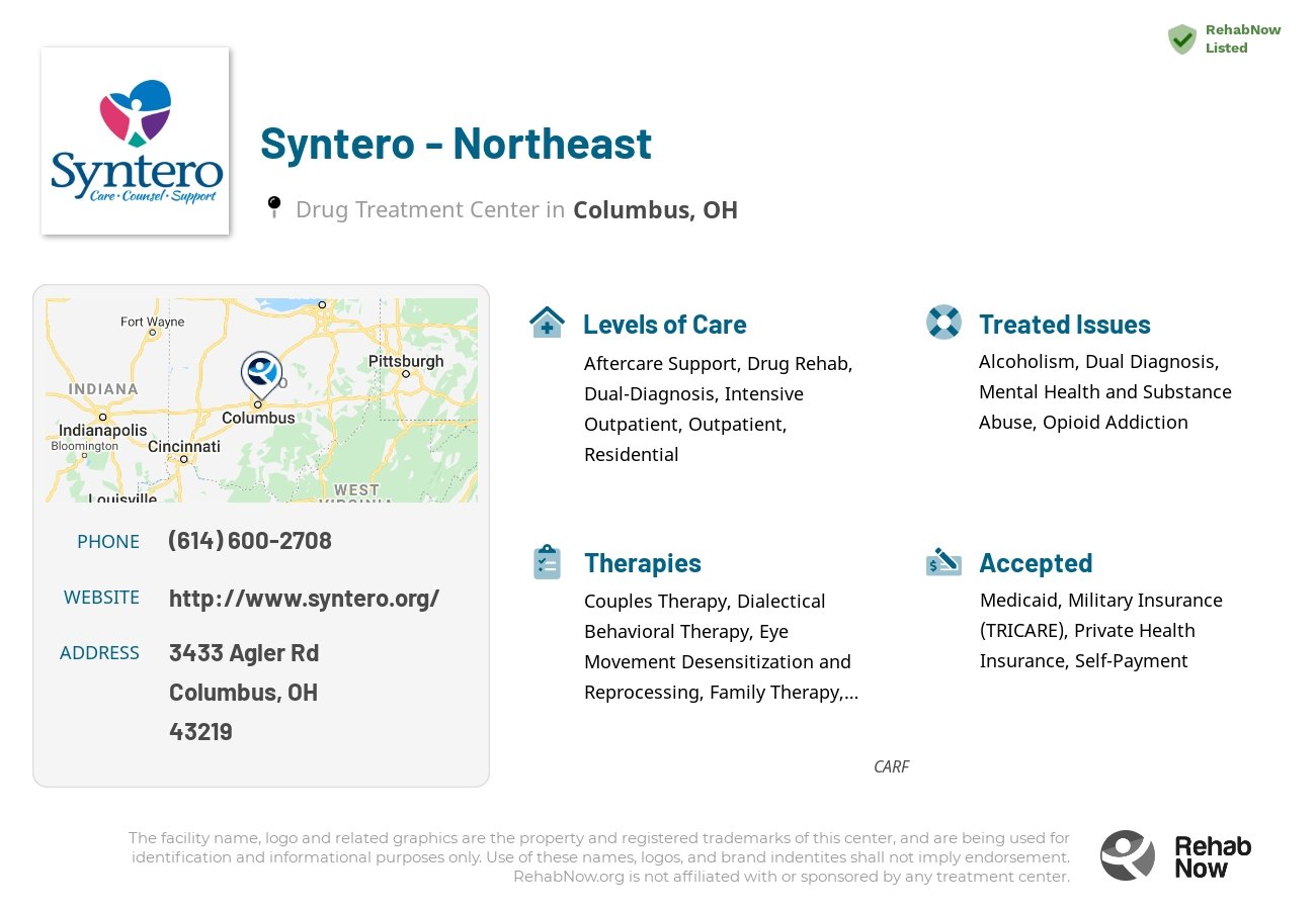 Helpful reference information for Syntero - Northeast, a drug treatment center in Ohio located at: 3433 Agler Rd, Columbus, OH 43219, including phone numbers, official website, and more. Listed briefly is an overview of Levels of Care, Therapies Offered, Issues Treated, and accepted forms of Payment Methods.