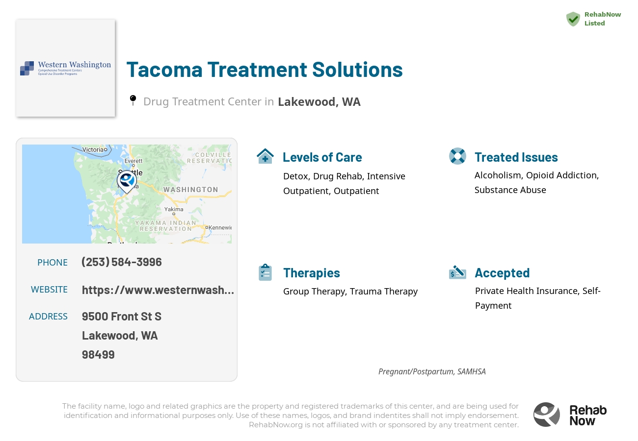 Helpful reference information for Tacoma Treatment Solutions, a drug treatment center in Washington located at: 9500 Front St S, Lakewood, WA 98499, including phone numbers, official website, and more. Listed briefly is an overview of Levels of Care, Therapies Offered, Issues Treated, and accepted forms of Payment Methods.