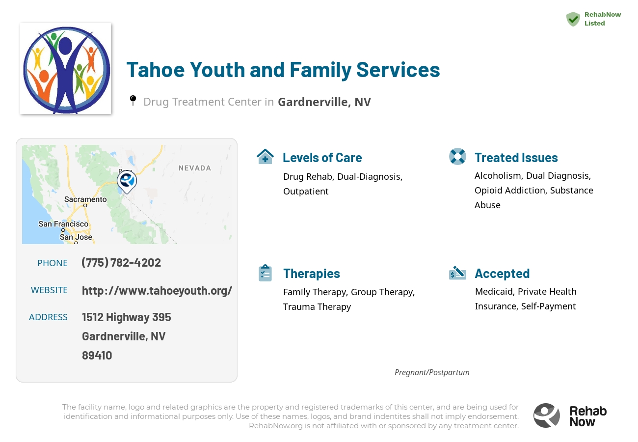 Helpful reference information for Tahoe Youth and Family Services, a drug treatment center in Nevada located at: 1512 1512 Highway 395, Gardnerville, NV 89410, including phone numbers, official website, and more. Listed briefly is an overview of Levels of Care, Therapies Offered, Issues Treated, and accepted forms of Payment Methods.