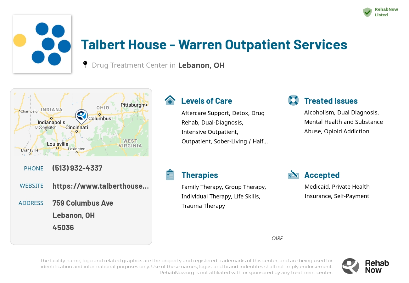 Helpful reference information for Talbert House - Warren Outpatient Services, a drug treatment center in Ohio located at: 759 Columbus Ave, Lebanon, OH 45036, including phone numbers, official website, and more. Listed briefly is an overview of Levels of Care, Therapies Offered, Issues Treated, and accepted forms of Payment Methods.