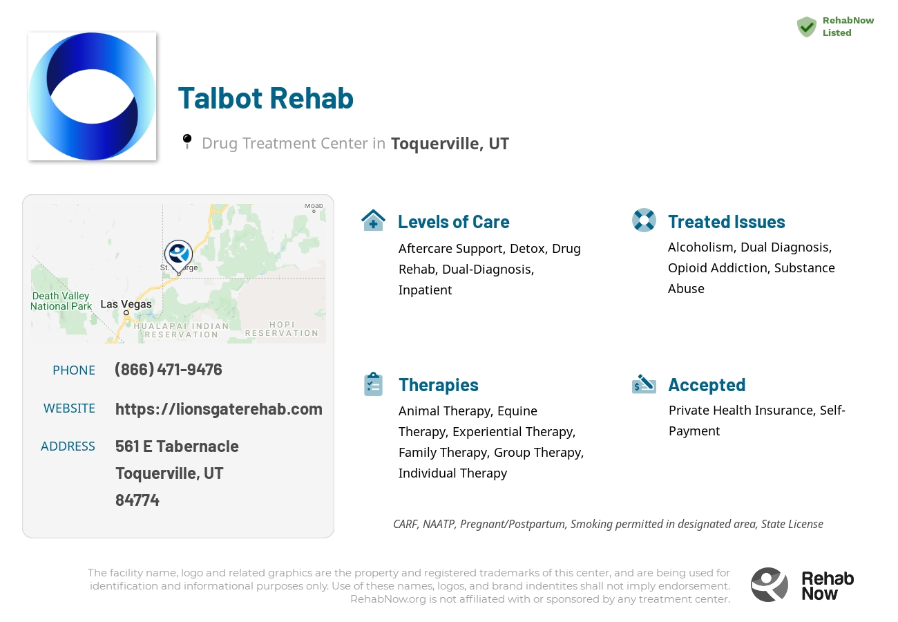 Helpful reference information for Talbot Rehab, a drug treatment center in Utah located at: 561 561 E Tabernacle, Toquerville, UT 84774, including phone numbers, official website, and more. Listed briefly is an overview of Levels of Care, Therapies Offered, Issues Treated, and accepted forms of Payment Methods.