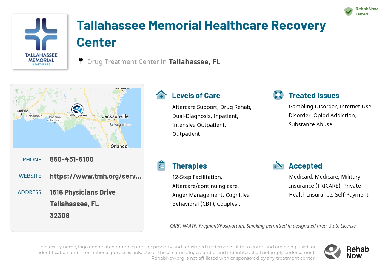 Helpful reference information for Tallahassee Memorial Healthcare Recovery Center, a drug treatment center in Florida located at: 1616 Physicians Drive, Tallahassee, FL 32308, including phone numbers, official website, and more. Listed briefly is an overview of Levels of Care, Therapies Offered, Issues Treated, and accepted forms of Payment Methods.