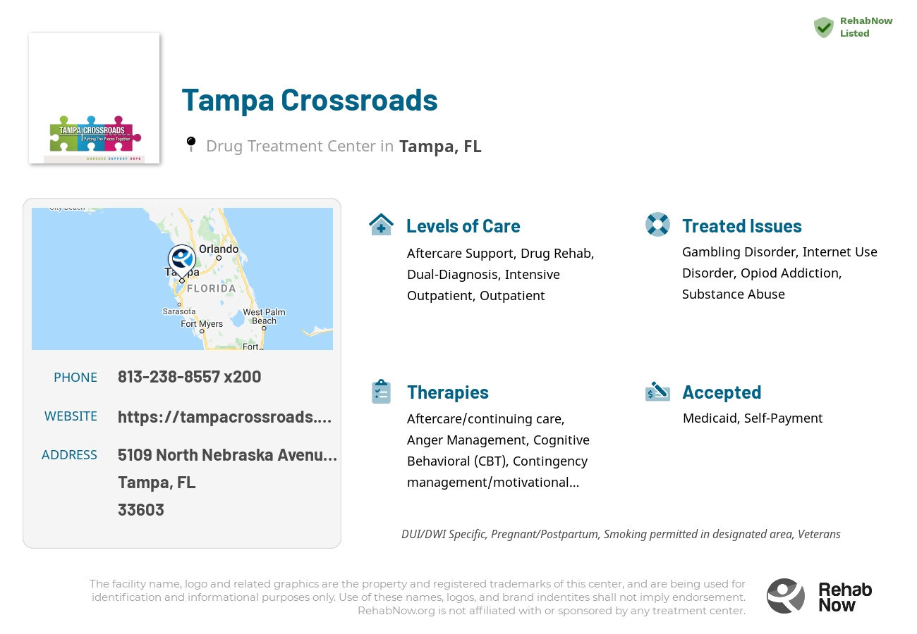 Helpful reference information for Tampa Crossroads, a drug treatment center in Florida located at: 5109 North Nebraska Avenue Suite 200, Tampa, FL 33603, including phone numbers, official website, and more. Listed briefly is an overview of Levels of Care, Therapies Offered, Issues Treated, and accepted forms of Payment Methods.