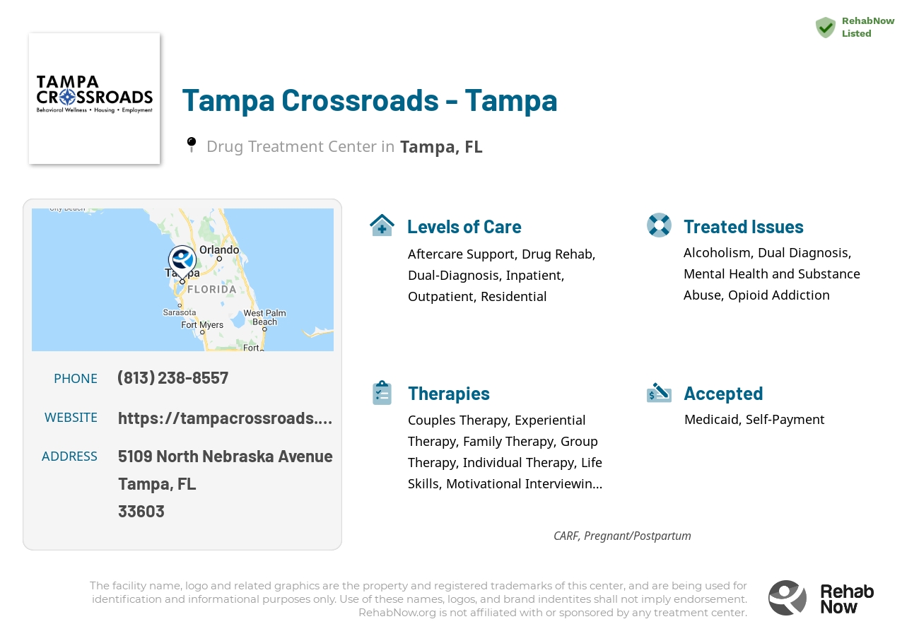 Helpful reference information for Tampa Crossroads - Tampa, a drug treatment center in Florida located at: 5109 North Nebraska Avenue, Tampa, FL, 33603, including phone numbers, official website, and more. Listed briefly is an overview of Levels of Care, Therapies Offered, Issues Treated, and accepted forms of Payment Methods.