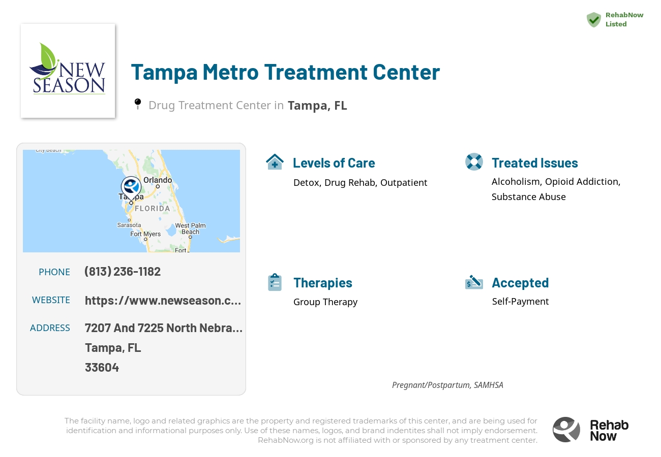 Helpful reference information for Tampa Metro Treatment Center, a drug treatment center in Florida located at: 7207 And 7225 North Nebraska Avenue, Tampa, FL, 33604, including phone numbers, official website, and more. Listed briefly is an overview of Levels of Care, Therapies Offered, Issues Treated, and accepted forms of Payment Methods.