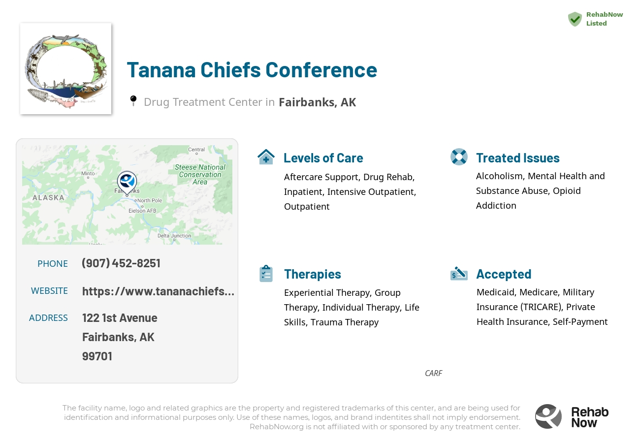 Helpful reference information for Tanana Chiefs Conference, a drug treatment center in Alaska located at: 122 1st Avenue, Fairbanks, AK, 99701, including phone numbers, official website, and more. Listed briefly is an overview of Levels of Care, Therapies Offered, Issues Treated, and accepted forms of Payment Methods.