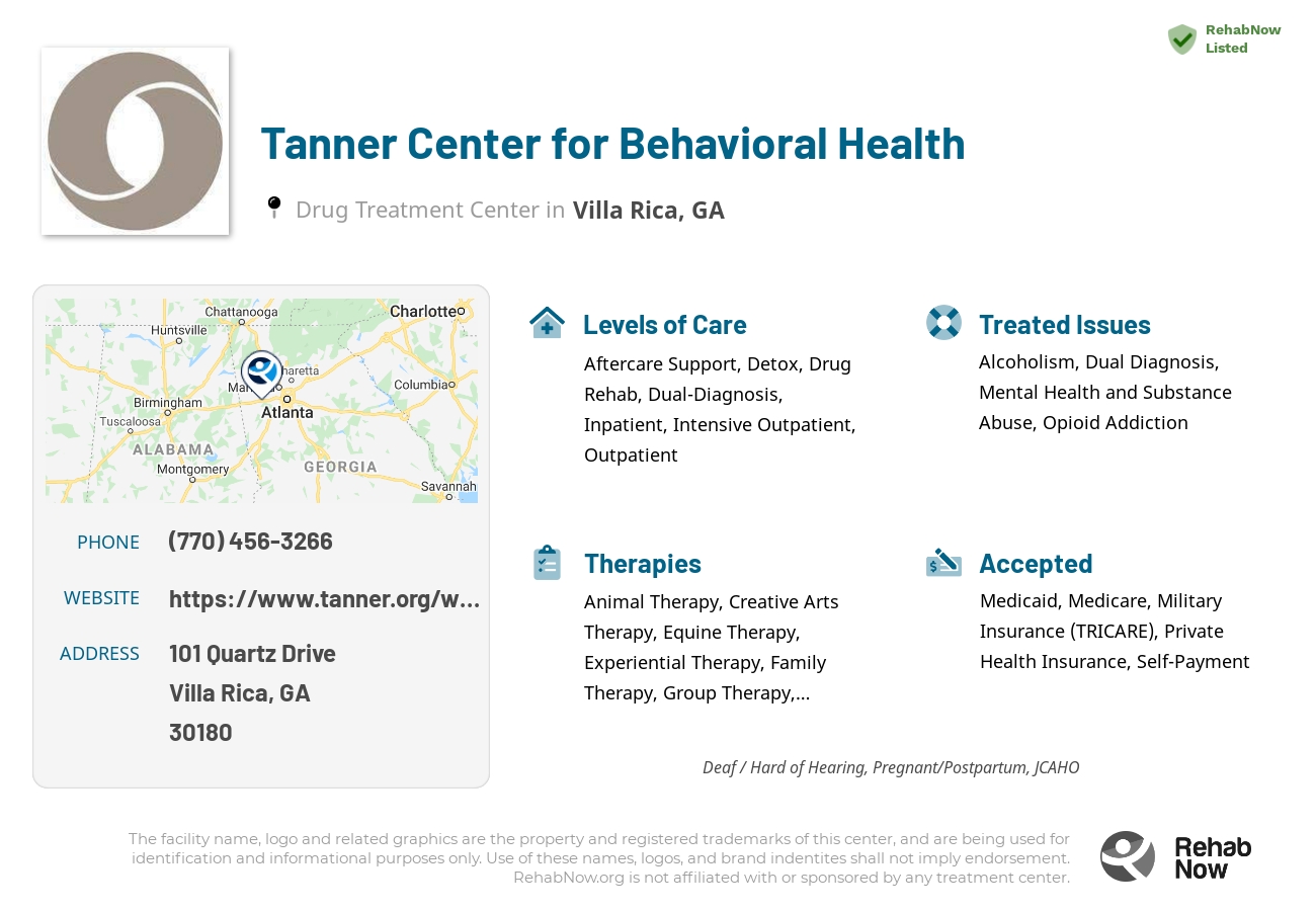 Helpful reference information for Tanner Center for Behavioral Health, a drug treatment center in Georgia located at: 101 101 Quartz Drive, Villa Rica, GA 30180, including phone numbers, official website, and more. Listed briefly is an overview of Levels of Care, Therapies Offered, Issues Treated, and accepted forms of Payment Methods.