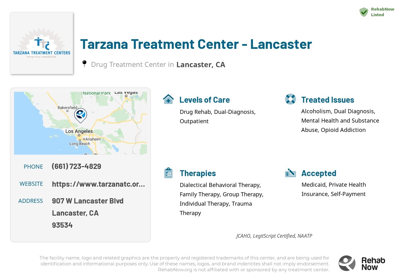 Helpful reference information for Tarzana Treatment Center - Lancaster, a drug treatment center in California located at: 907 W Lancaster Blvd, Lancaster, CA 93534, including phone numbers, official website, and more. Listed briefly is an overview of Levels of Care, Therapies Offered, Issues Treated, and accepted forms of Payment Methods.