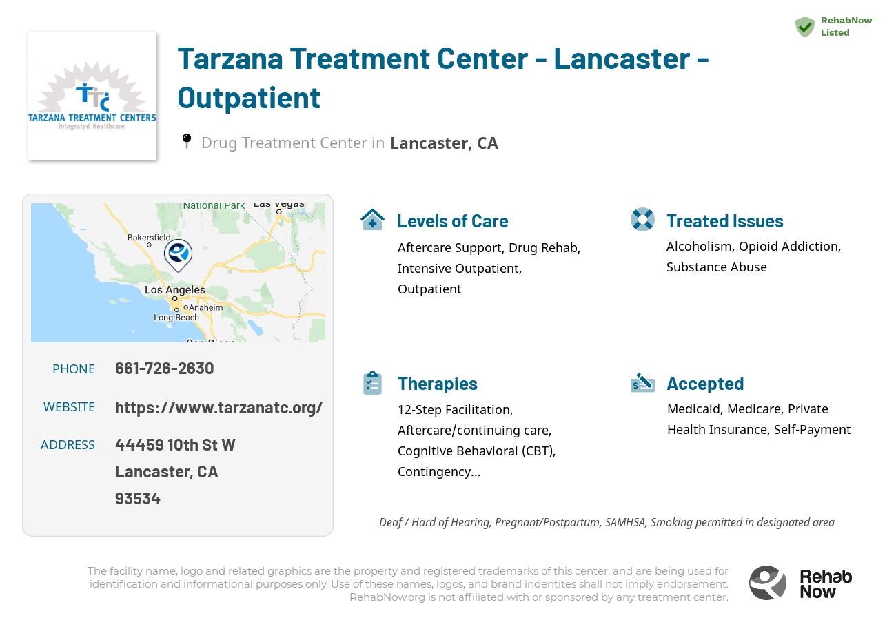 Helpful reference information for Tarzana Treatment Center - Lancaster - Outpatient, a drug treatment center in California located at: 44459 10th St W, Lancaster, CA 93534, including phone numbers, official website, and more. Listed briefly is an overview of Levels of Care, Therapies Offered, Issues Treated, and accepted forms of Payment Methods.