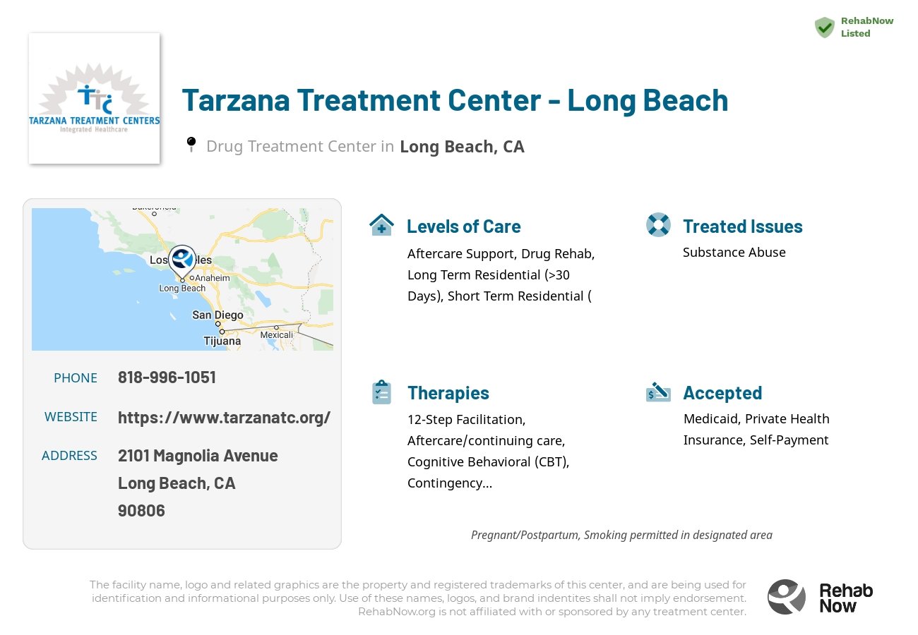 Helpful reference information for Tarzana Treatment Center - Long Beach, a drug treatment center in California located at: 2101 Magnolia Avenue, Long Beach, CA 90806, including phone numbers, official website, and more. Listed briefly is an overview of Levels of Care, Therapies Offered, Issues Treated, and accepted forms of Payment Methods.