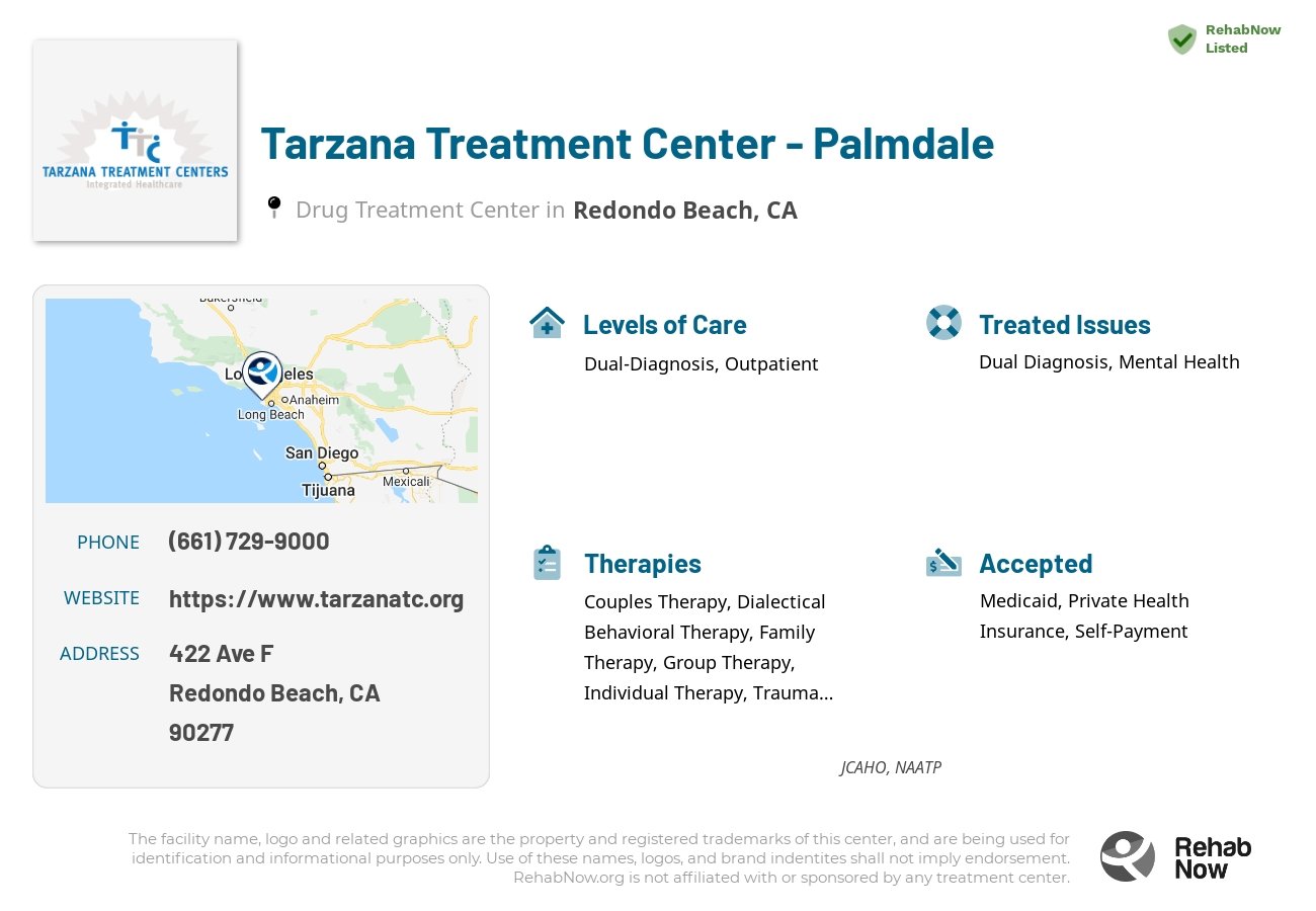 Helpful reference information for Tarzana Treatment Center - Palmdale, a drug treatment center in California located at: 422 Ave F, Redondo Beach, CA 90277, including phone numbers, official website, and more. Listed briefly is an overview of Levels of Care, Therapies Offered, Issues Treated, and accepted forms of Payment Methods.