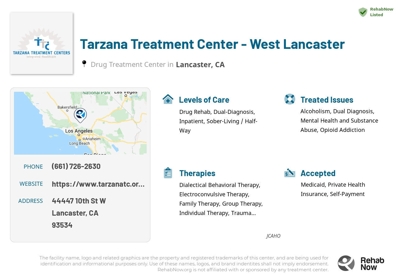 Helpful reference information for Tarzana Treatment Center - West Lancaster, a drug treatment center in California located at: 44447 10th St W, Lancaster, CA 93534, including phone numbers, official website, and more. Listed briefly is an overview of Levels of Care, Therapies Offered, Issues Treated, and accepted forms of Payment Methods.