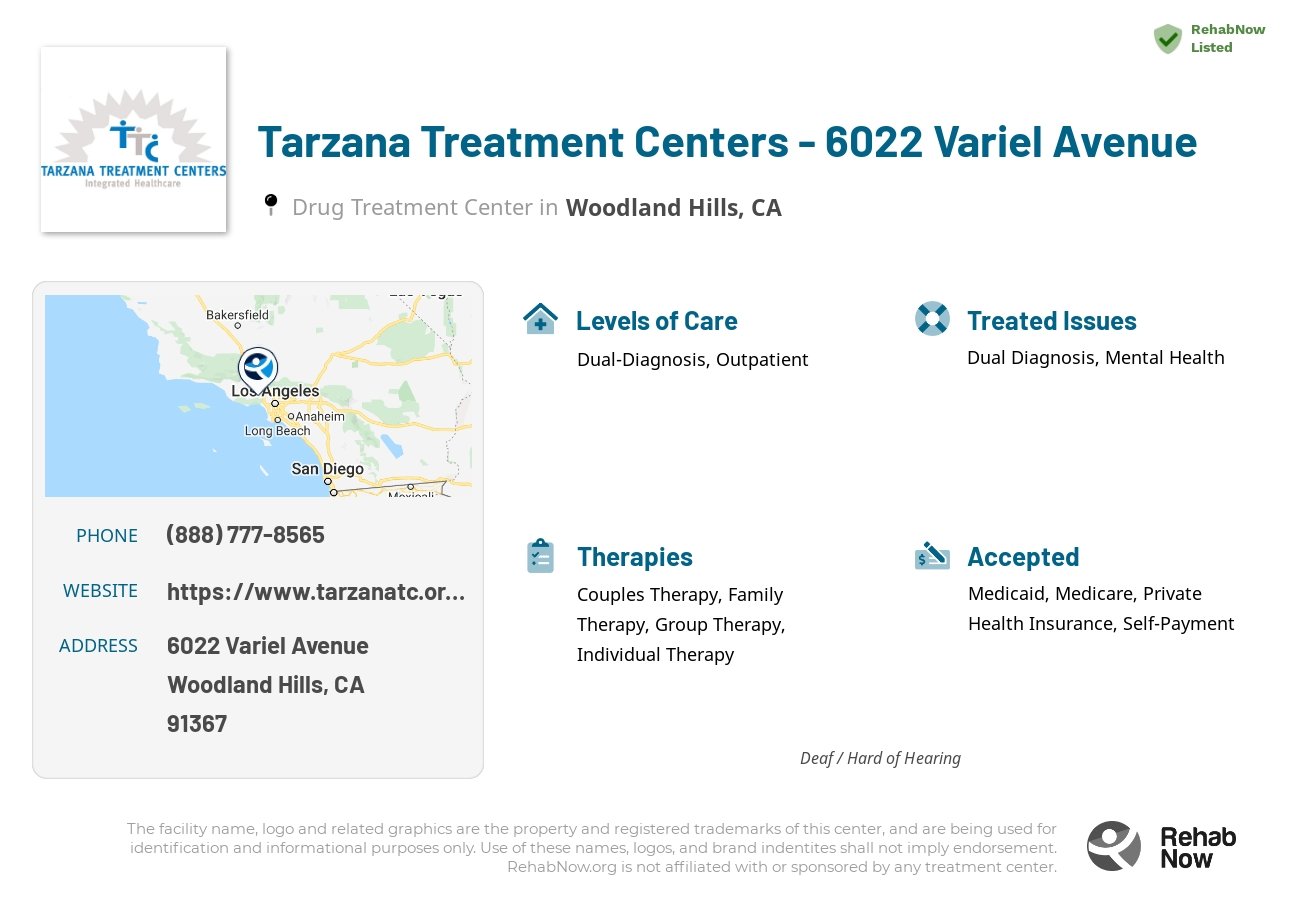 Helpful reference information for Tarzana Treatment Centers - 6022 Variel Avenue, a drug treatment center in California located at: 6022 Variel Avenue, Woodland Hills, CA, 91367, including phone numbers, official website, and more. Listed briefly is an overview of Levels of Care, Therapies Offered, Issues Treated, and accepted forms of Payment Methods.
