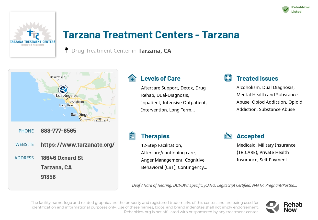 Helpful reference information for Tarzana Treatment Centers - Tarzana, a drug treatment center in California located at: 18646 Oxnard St, Tarzana, CA 91356, including phone numbers, official website, and more. Listed briefly is an overview of Levels of Care, Therapies Offered, Issues Treated, and accepted forms of Payment Methods.