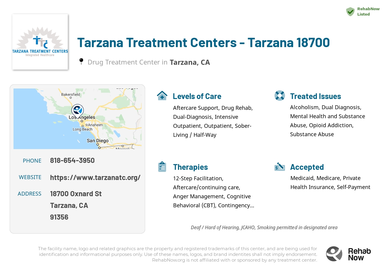 Helpful reference information for Tarzana Treatment Centers - Tarzana 18700, a drug treatment center in California located at: 18700 Oxnard St, Tarzana, CA 91356, including phone numbers, official website, and more. Listed briefly is an overview of Levels of Care, Therapies Offered, Issues Treated, and accepted forms of Payment Methods.