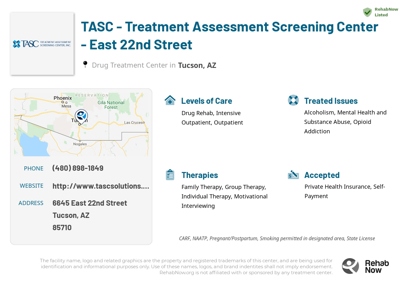 Helpful reference information for TASC - Treatment Assessment Screening Center - East 22nd Street, a drug treatment center in Arizona located at: 6645 East 22nd Street, Tucson, AZ, 85710, including phone numbers, official website, and more. Listed briefly is an overview of Levels of Care, Therapies Offered, Issues Treated, and accepted forms of Payment Methods.
