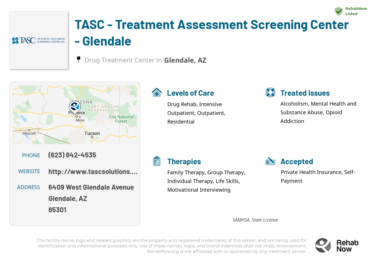 Helpful reference information for TASC - Treatment Assessment Screening Center - Glendale, a drug treatment center in Arizona located at: 6409 West Glendale Avenue, Glendale, AZ, 85301, including phone numbers, official website, and more. Listed briefly is an overview of Levels of Care, Therapies Offered, Issues Treated, and accepted forms of Payment Methods.