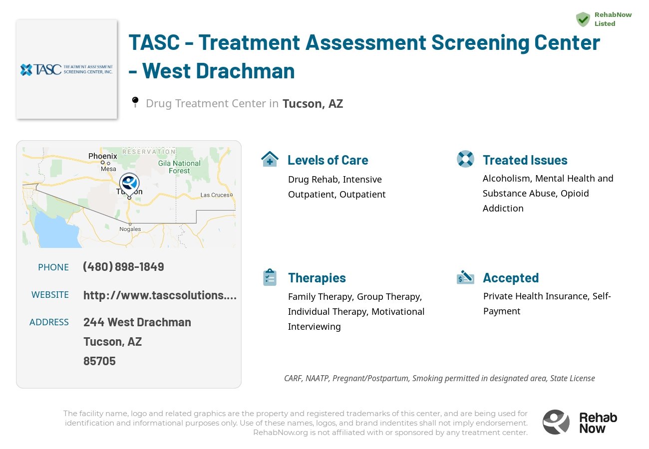 Helpful reference information for TASC - Treatment Assessment Screening Center - West Drachman, a drug treatment center in Arizona located at: 244 West Drachman, Tucson, AZ, 85705, including phone numbers, official website, and more. Listed briefly is an overview of Levels of Care, Therapies Offered, Issues Treated, and accepted forms of Payment Methods.