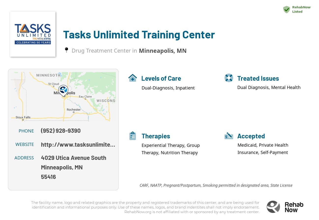 Helpful reference information for Tasks Unlimited Training Center, a drug treatment center in Minnesota located at: 4029 4029 Utica Avenue South, Minneapolis, MN 55416, including phone numbers, official website, and more. Listed briefly is an overview of Levels of Care, Therapies Offered, Issues Treated, and accepted forms of Payment Methods.