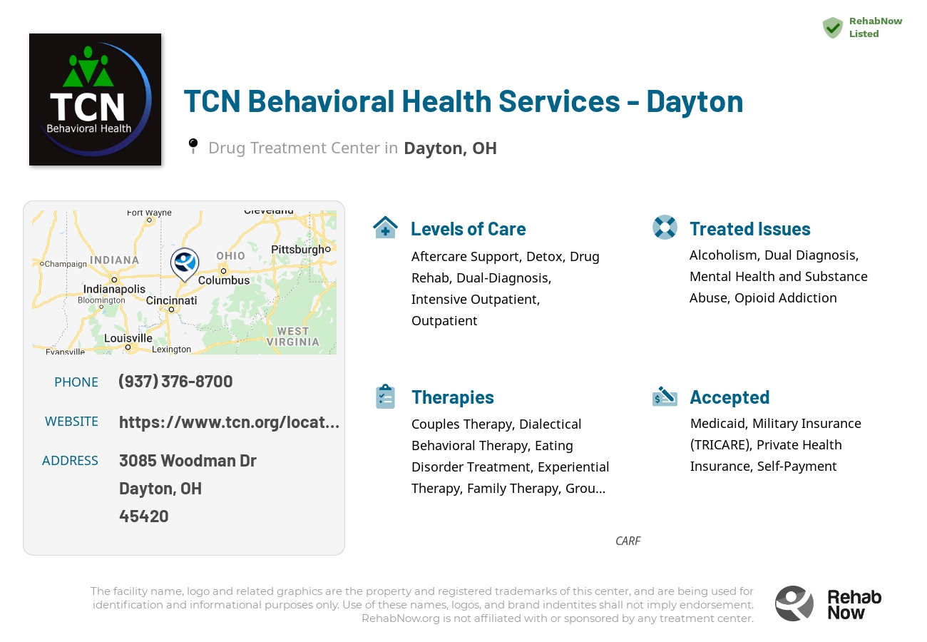 Helpful reference information for TCN Behavioral Health Services - Dayton, a drug treatment center in Ohio located at: 3085 Woodman Dr, Dayton, OH 45420, including phone numbers, official website, and more. Listed briefly is an overview of Levels of Care, Therapies Offered, Issues Treated, and accepted forms of Payment Methods.