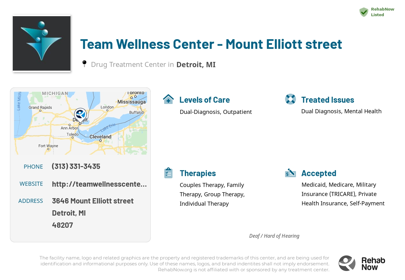 Helpful reference information for Team Wellness Center - Mount Elliott street, a drug treatment center in Michigan located at: 3646 3646 Mount Elliott street, Detroit, MI 48207, including phone numbers, official website, and more. Listed briefly is an overview of Levels of Care, Therapies Offered, Issues Treated, and accepted forms of Payment Methods.