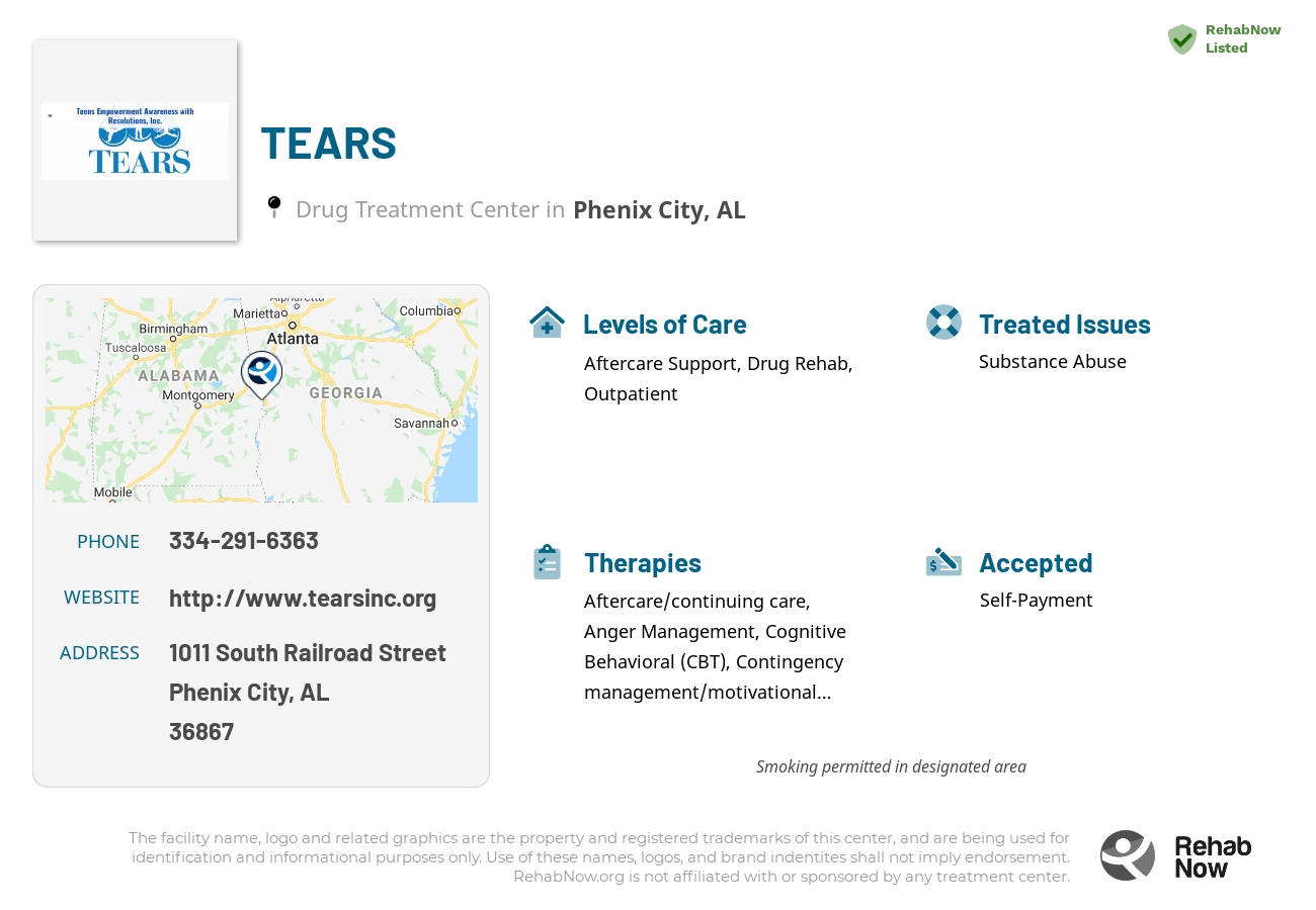 Helpful reference information for TEARS, a drug treatment center in Alabama located at: 1011 South Railroad Street, Phenix City, AL 36867, including phone numbers, official website, and more. Listed briefly is an overview of Levels of Care, Therapies Offered, Issues Treated, and accepted forms of Payment Methods.