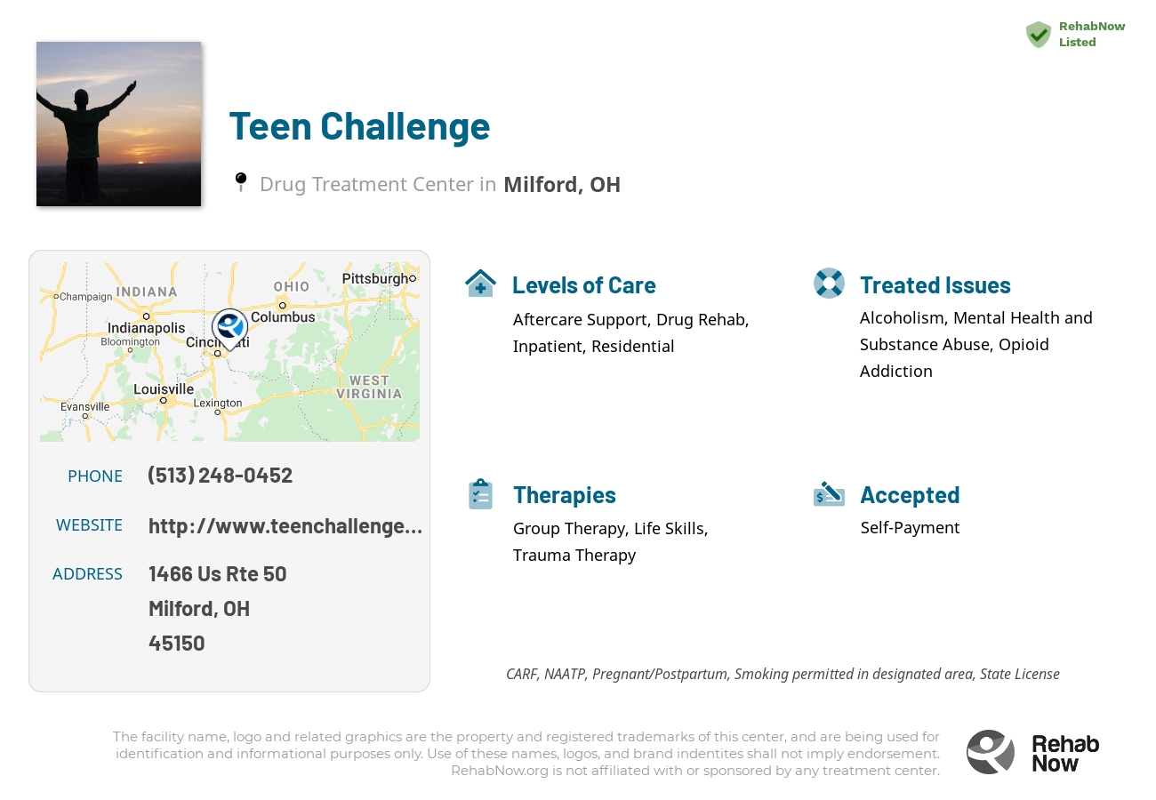 Helpful reference information for Teen Challenge, a drug treatment center in Ohio located at: 1466 Us Rte 50, Milford, OH 45150, including phone numbers, official website, and more. Listed briefly is an overview of Levels of Care, Therapies Offered, Issues Treated, and accepted forms of Payment Methods.