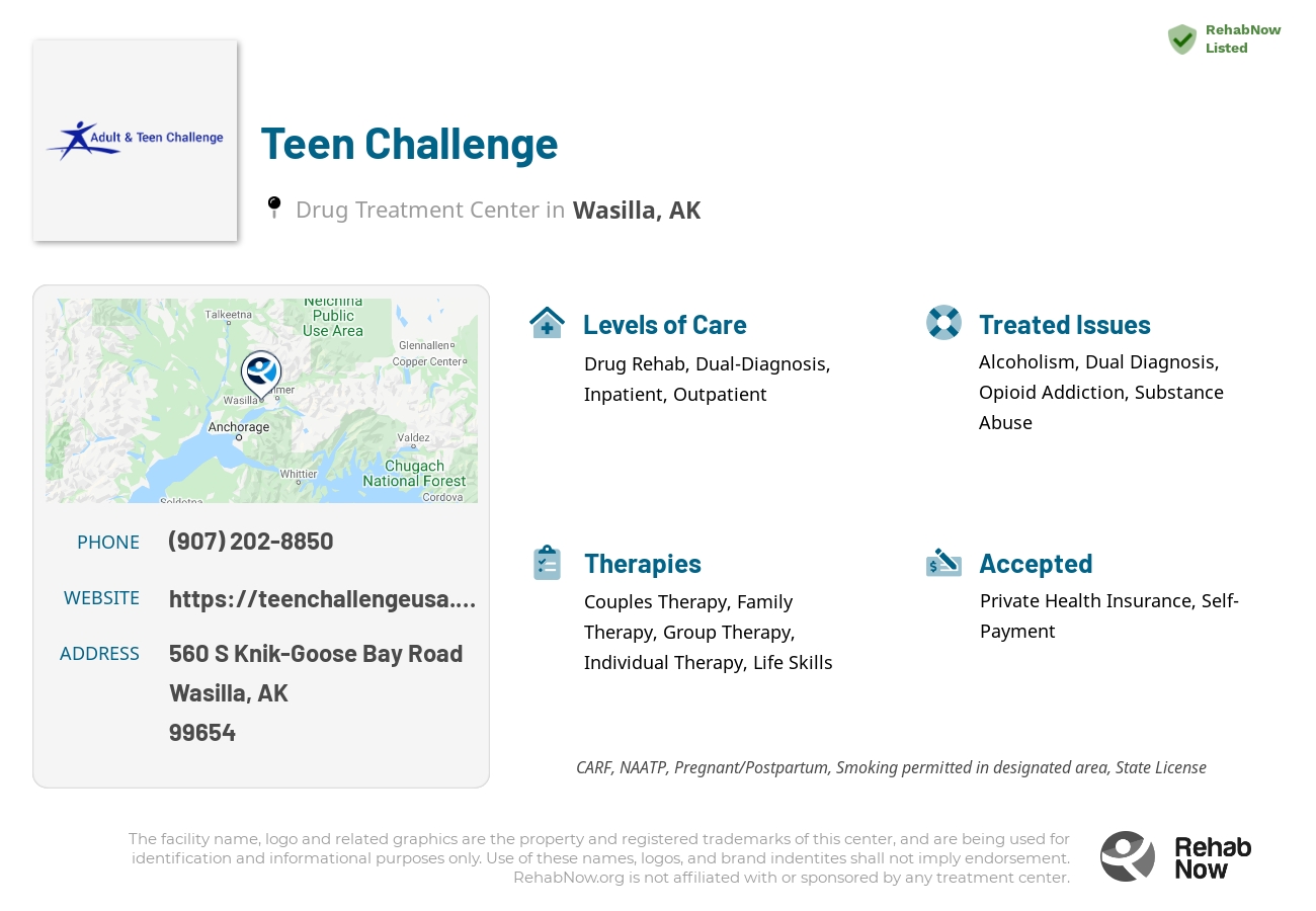 Helpful reference information for Teen Challenge, a drug treatment center in Alaska located at: 560 S Knik-Goose Bay Road, Wasilla, AK, 99654, including phone numbers, official website, and more. Listed briefly is an overview of Levels of Care, Therapies Offered, Issues Treated, and accepted forms of Payment Methods.