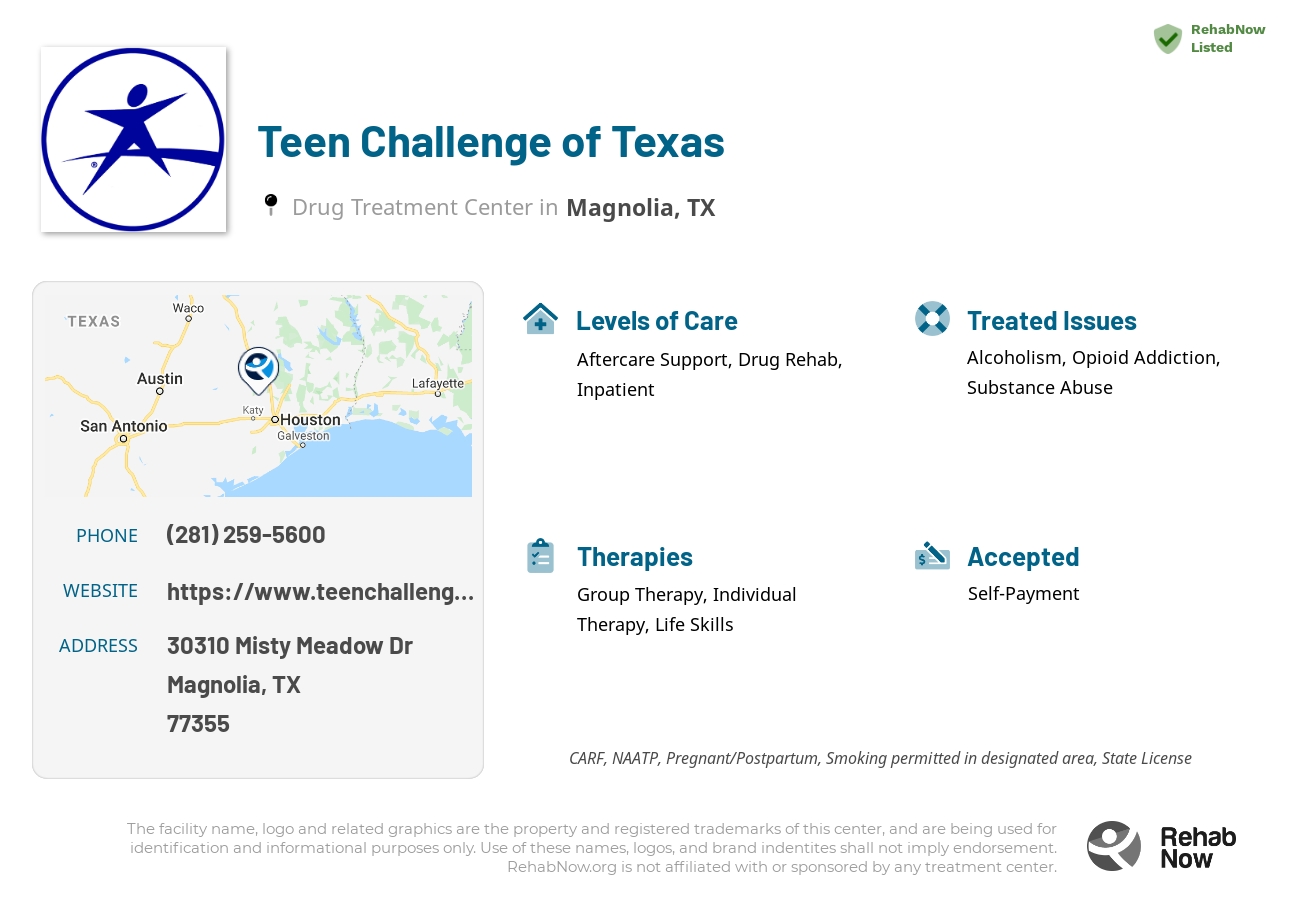 Helpful reference information for Teen Challenge of Texas, a drug treatment center in Texas located at: 30310 Misty Meadow Dr, Magnolia, TX 77355, including phone numbers, official website, and more. Listed briefly is an overview of Levels of Care, Therapies Offered, Issues Treated, and accepted forms of Payment Methods.
