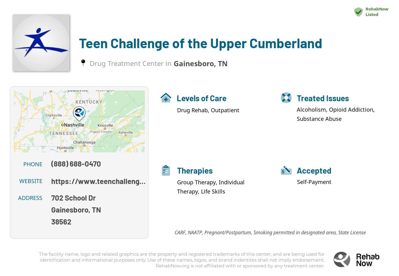 Helpful reference information for Teen Challenge of the Upper Cumberland, a drug treatment center in Tennessee located at: 702 School Dr, Gainesboro, TN 38562, including phone numbers, official website, and more. Listed briefly is an overview of Levels of Care, Therapies Offered, Issues Treated, and accepted forms of Payment Methods.
