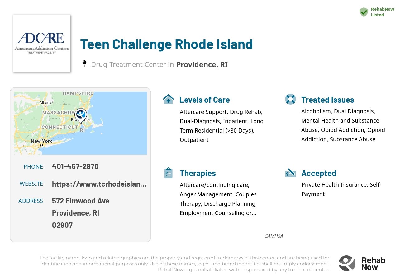 Helpful reference information for Teen Challenge Rhode Island, a drug treatment center in Rhode Island located at: 572 Elmwood Ave, Providence, RI 02907, including phone numbers, official website, and more. Listed briefly is an overview of Levels of Care, Therapies Offered, Issues Treated, and accepted forms of Payment Methods.