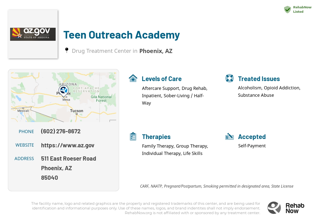 Helpful reference information for Teen Outreach Academy, a drug treatment center in Arizona located at: 511 511 East Roeser Road, Phoenix, AZ 85040, including phone numbers, official website, and more. Listed briefly is an overview of Levels of Care, Therapies Offered, Issues Treated, and accepted forms of Payment Methods.