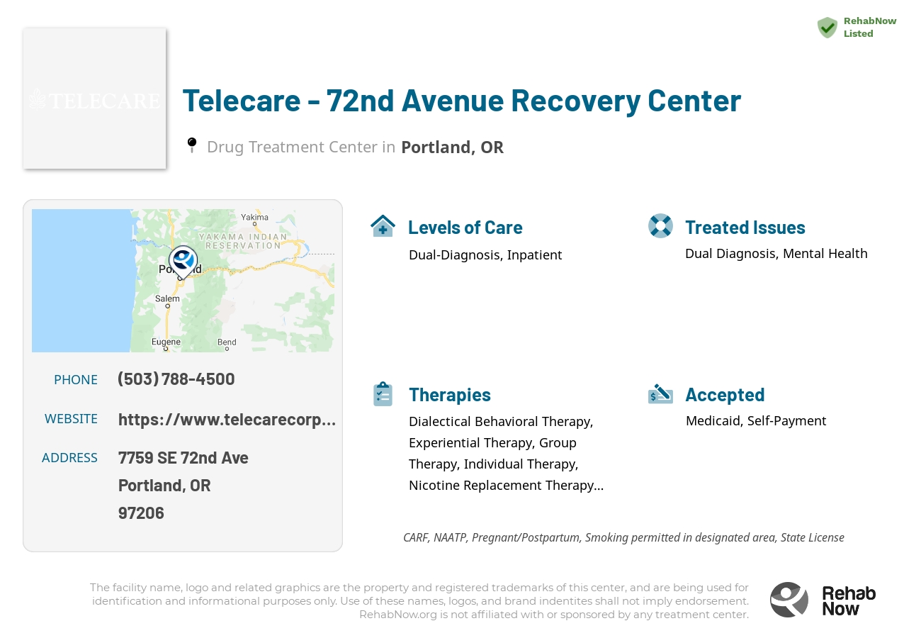 Helpful reference information for Telecare - 72nd Avenue Recovery Center, a drug treatment center in Oregon located at: 7759 SE 72nd Ave, Portland, OR 97206, including phone numbers, official website, and more. Listed briefly is an overview of Levels of Care, Therapies Offered, Issues Treated, and accepted forms of Payment Methods.