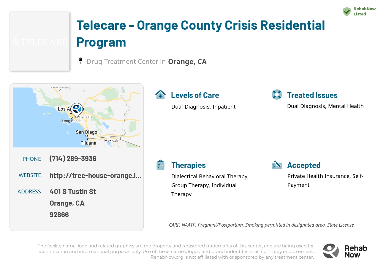 Helpful reference information for Telecare - Orange County Crisis Residential Program, a drug treatment center in California located at: 401 S Tustin St, Orange, CA 92866, including phone numbers, official website, and more. Listed briefly is an overview of Levels of Care, Therapies Offered, Issues Treated, and accepted forms of Payment Methods.